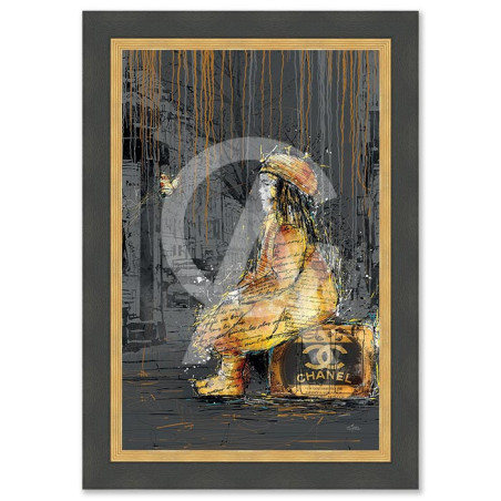 Cadre en bois avec impression en PVC vernis "La petite fille sur la valise" - Noir/Dorée - 40 x 60 cm - Collection Romaric