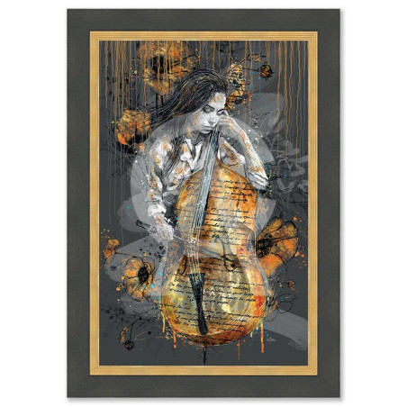 Cadre en bois avec impression en PVC vernis "La violoncelliste" - Noir/Dorée - 40 x 60 cm - Collection Romaric