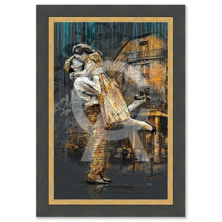 Cadre en bois avec impression en PVC vernis "Les amoureux" - Noir/Dorée - 40 x 60 cm - Collection Romaric