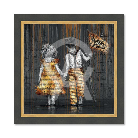 Cadre en bois avec impression en PVC vernis "La balade parisienne" - Noir/Dorée - 40 x 40 cm - Collection Romaric