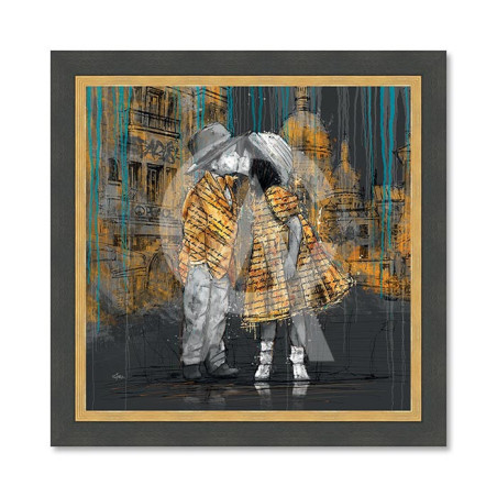 Cadre en bois avec impression en PVC vernis "Les petits amoureux" - Noir/Dorée - 40 x 40 cm - Collection Romaric