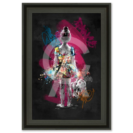 Cadre en bois avec impression en PVC vernis "La danseuse et le nounours" - Noir mat - 60 x 90 cm - Collection Romaric