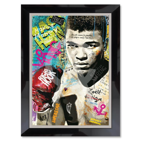 Cadre en bois avec impression en PVC vernis "Mohamed Ali" - Noir/Argent - 70 x 100 cm - Collection Romaric