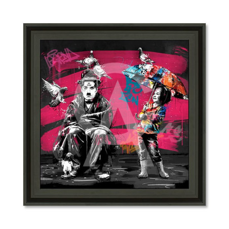 Cadre en bois avec impression en PVC vernis "Charlie Chaplin et les pigeons " - Noir - 60 x 60 cm - Collection Romaric