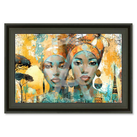 Cadre en bois avec impression en PVC vernis "2 Africaines turquoises" - Noir mat - 40 x 60 cm - Collection Romaric