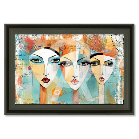 Cadre en bois avec impression en PVC vernis "3 Filles turquoises" - Noir mat - 40 x 60 cm - Collection Romaric