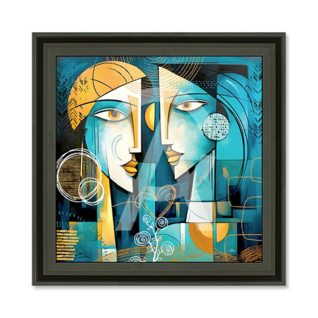 Cadre en bois avec impression en PVC vernis "2 Amoureux Turquoises" - Noir mat - 40 x 40 cm - Collection Romaric