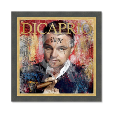 Cadre en bois avec impression en PVC vernis "Léonardo Dicaprio" - Noir/Dorée - 40 x 40 cm - Collection Romaric