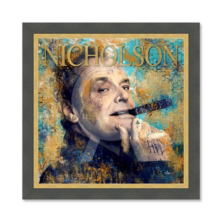 Cadre en bois avec impression en PVC vernis "Jack Nicholson" - Noir/Dorée - 40 x 40 cm - Collection Romaric