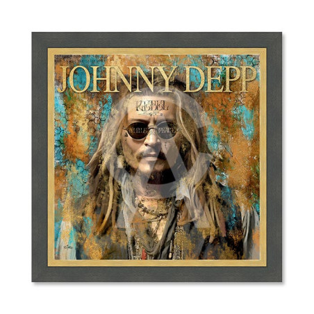 Cadre en bois avec impression en PVC vernis "Johnny Depp" - Noir/Dorée - 60 x 60 cm - Collection Romaric