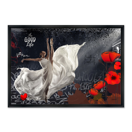 Cadre en bois avec impression en PVC vernis "Poppy Dance" - Noir mat - 60 x 90 cm - Collection Rubix