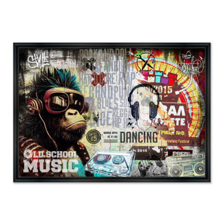 Cadre en bois avec impression en PVC vernis "Monkey Music Punk" - Noir mat - 60 x 90 cm - Collection Rubix