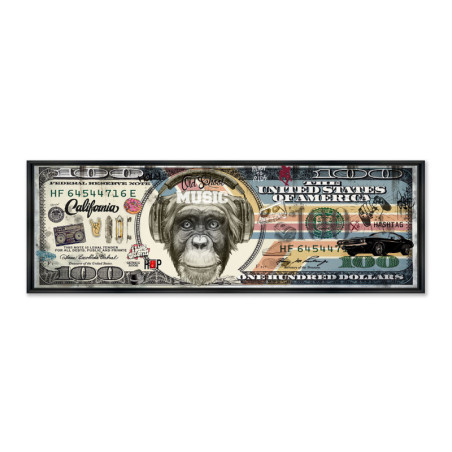 Cadre en bois avec impression en PVC vernis "Monkey Old School" - Noir mat - 50 x 150 cm - Collection Rubix