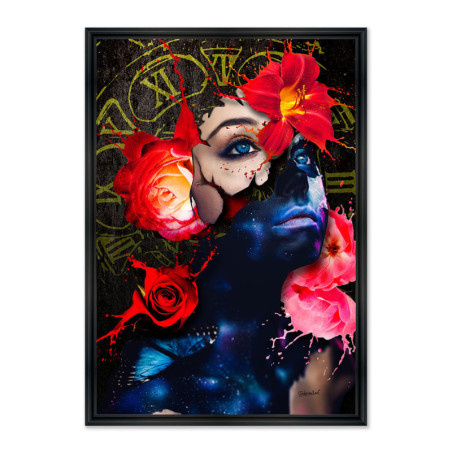 Cadre en bois avec impression en PVC vernis "Girl Flower" - Noir mat - 30 x 45 cm - Collection Rubix