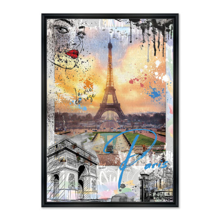 Cadre en bois avec impression en PVC vernis "Paris Eiffel" - Noir - 40 x 60 cm - Collection Rubix