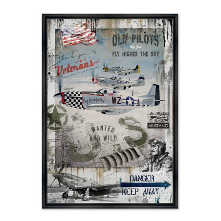 Cadre en bois avec impression en PVC vernis "Old Pilots" - Noir - 40 x 60 cm - Collection Rubix