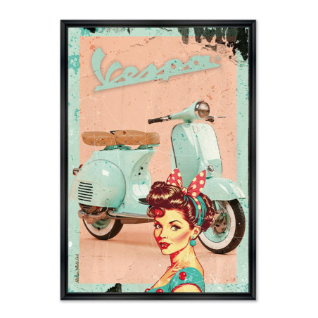 Cadre en bois avec impression en PVC vernis "Retro Vespa" - Noir - 40 x 60 cm - Collection Rubix