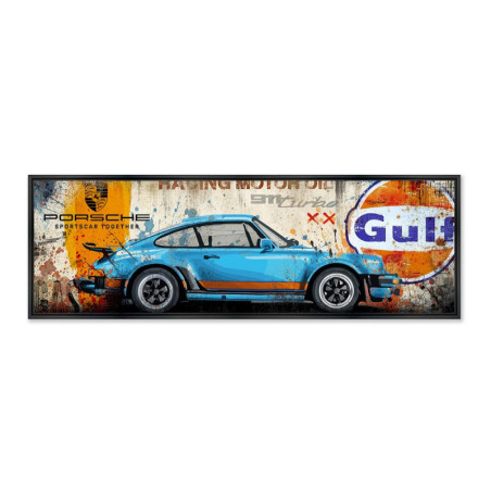 Cadre en bois avec impression en PVC vernis "911 Gulf Motor Oil" - Noir - 30 x 90 cm - Collection Rubix