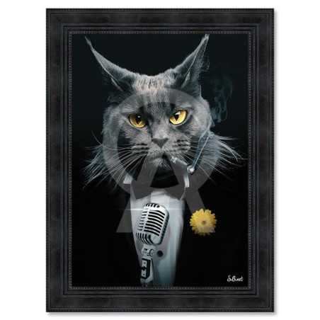 Cadre en bois avec impression en PVC vernis "Chat Chanteur" - Noir - 50 x 70 cm - Collection Binet