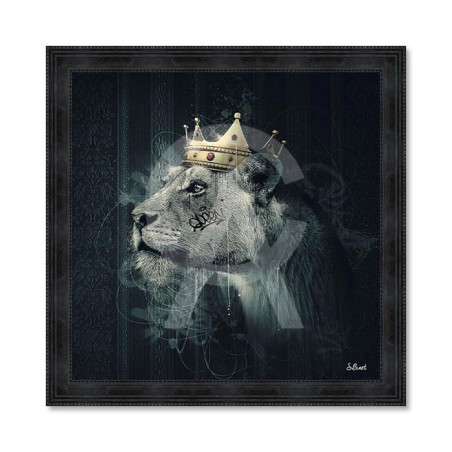 Cadre en bois avec impression en PVC vernis "Lionne Couronne" - Noir - 60 x 60 cm - Collection Binet