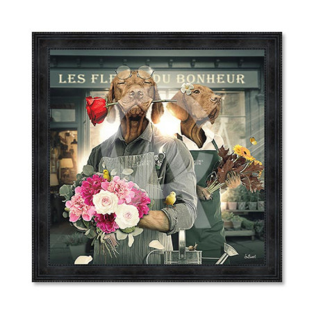 Cadre en bois avec impression en PVC vernis "Chiens Fleuristes" - Noir - 40 x 40 cm - Collection Binet