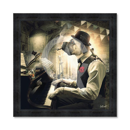 Cadre en bois avec impression en PVC vernis "Chien Piano" - Noir - 40 x 40 cm - Collection Binet