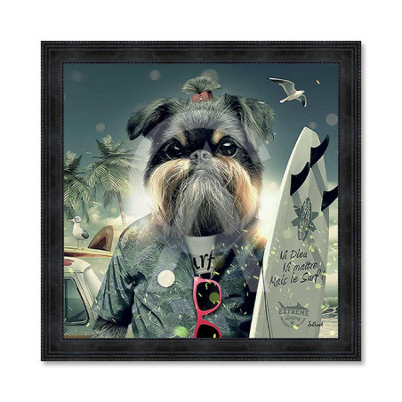 Cadre en bois avec impression en PVC vernis "Chien Surf" - Noir - 60 x 60 cm -Collection Binnet