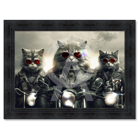 Cadre en bois avec impression en PVC vernis "Chats Motos" - Noir - 50 x 70 - Collection Binet