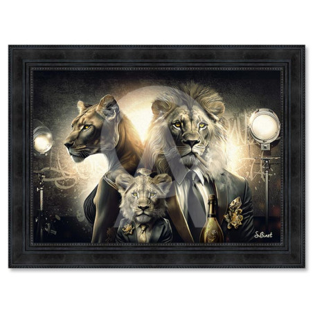 Cadre en bois avec impression en PVC vernis "Lion et Lionne Luxury" - Noir - 50 x 70 cm - Collection Binet