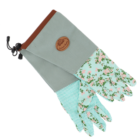 Gants jardin long à imprimé roses en coton - Bleu/Vert - P 17,8 x L 38,2 cm