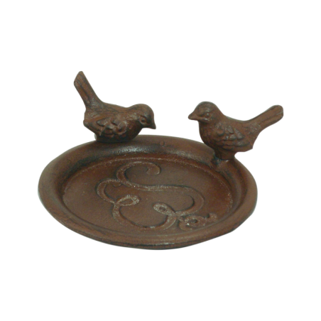 Soucoupe en fonte pour pot de fleurs avec 2 oiseaux en rouille - Marron - D 12,4 x H 5,3 cm