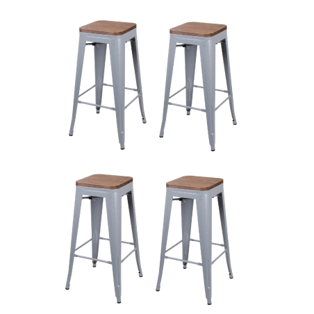 Lot de 4 tabourets de bar vintage carré en métal - Gris et bois - Métal et bois - L 42.5 x P 42.5 x H 77cm