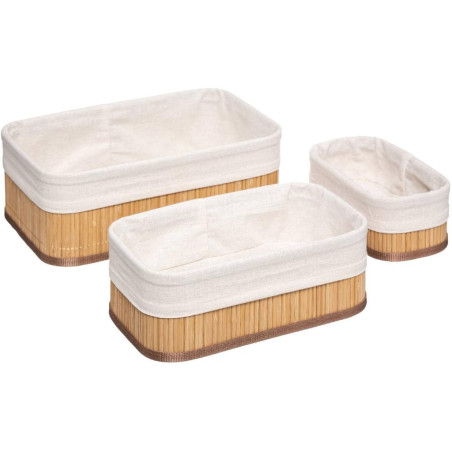 Lot de 3 paniers bambou et tissu - Beige - L 30/25/20 cm