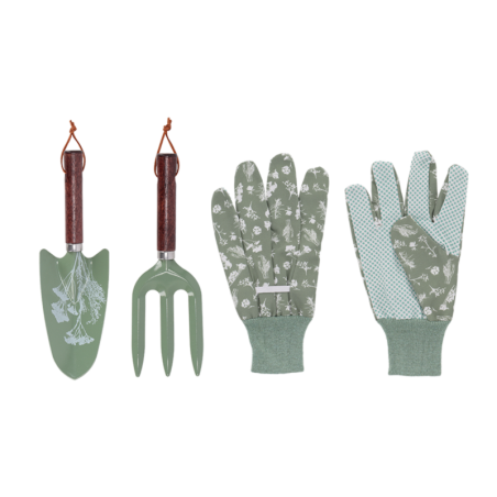 Set de 2 outils de jardinage en bois et métal + gants - Vert - H 27 cm