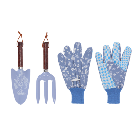 Set de 2 outils de jardinage en bois et métal + gants - Bleu - H 27 cm