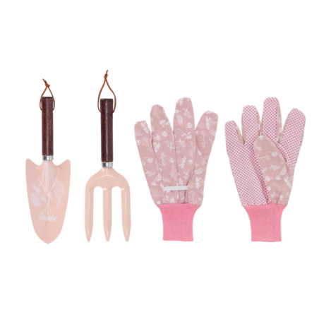 Set de 2 outils de jardinage en bois et métal + gants - Rose - H 27 cm