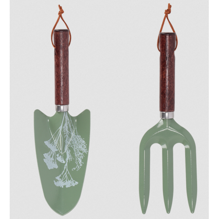 Set de 2 outils de jardinage en bois et métal - Vert - H 27 cm