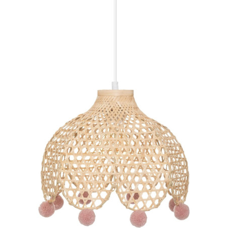 Suspension luminaire en bambou avec pompons - Beige/Rose - D 28 cm