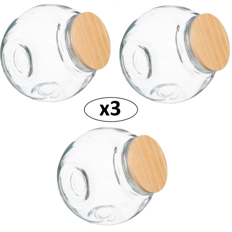 Lot de 3 bocaux à bonbon penchés en verre et bois - 1,5L