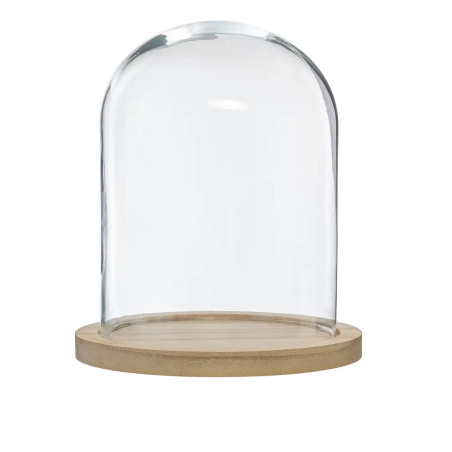 Cloche en verre avec socle en bois - Beige/Transparent - D 23 x H 29,5 cm