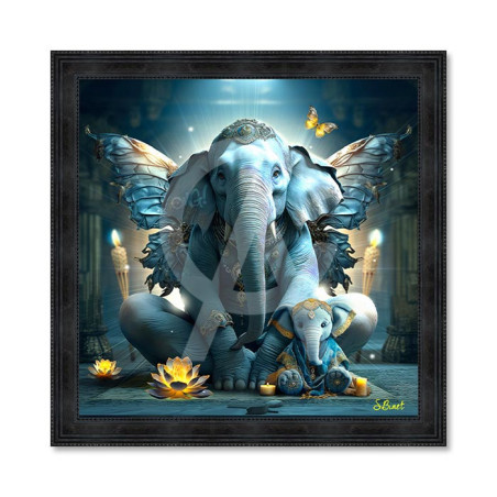 Cadre en bois avec impression en PVC vernis "Eléphant la Sagesse" - Noir - 40 x 40 cm - Collection Binet