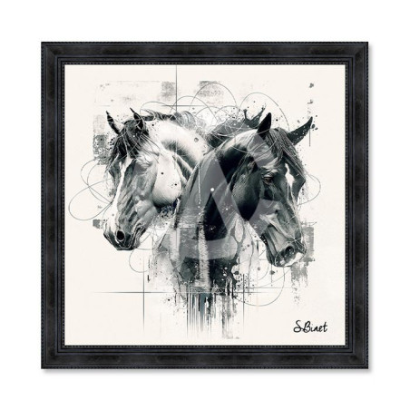 Cadre en bois avec impression en PVC vernis "Chevaux Doubles NB" - Noir - 40 x 40 cm - Collection Binet