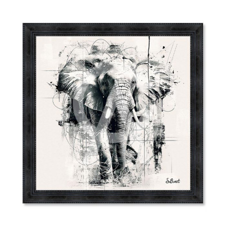 Cadre en bois avec impression en PVC vernis "Éléphant NB" - Noir - 40 x 40 cm - Collection Binet