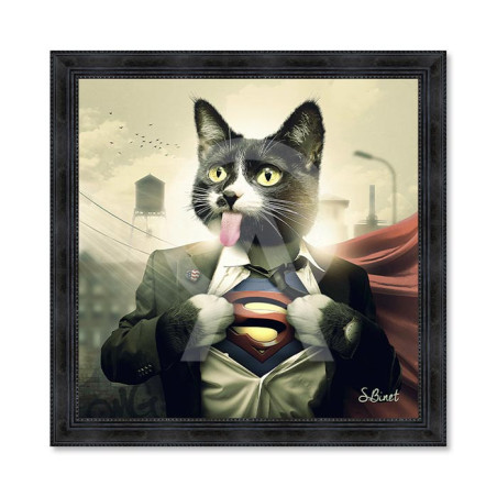 Cadre en bois avec impression en PVC vernis "Supercat" - Noir - 40 x 40 cm - Collection Binet