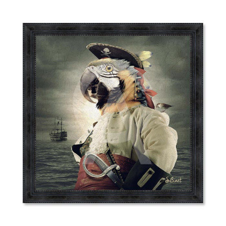 Cadre en bois avec impression en PVC vernis "Pirate Perroquet" - Noir - 40 x 40 cm - Collection Binet