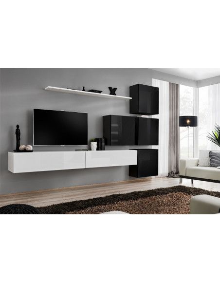 Ensemble meuble TV mural  - Switch IX - 310 cm x 200 cm x 40 cm - Blanc et noir