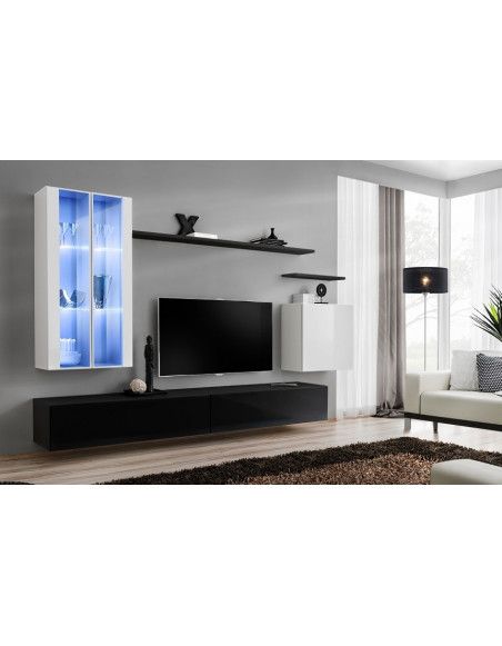 Ensemble meuble TV mural  - Switch XII - 270 cm x 160 cm x 40 cm - Blanc et noir