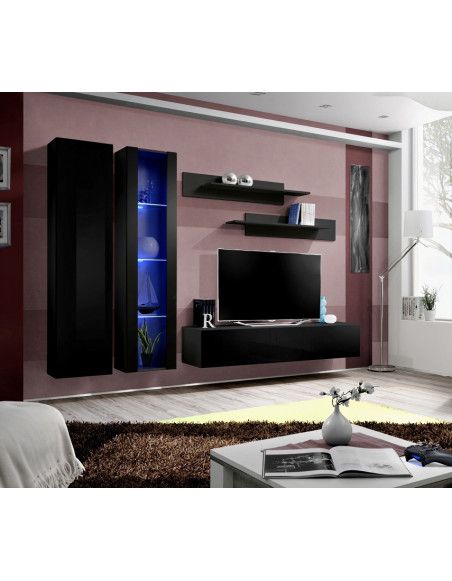 Ensemble meuble TV mural  - Fly IV - 260 cm x 190 cm x 40 cm - Noir