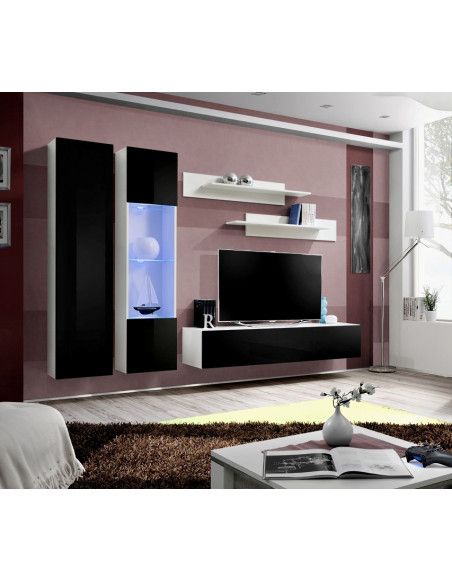 Ensemble meuble TV mural  - Fly IV - 260 cm x 190 cm x 40 cm - Blanc et noir