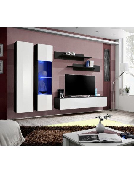 Ensemble meuble TV mural  - Fly V - 260 cm x 190 cm x 40 cm - Noir et blanc